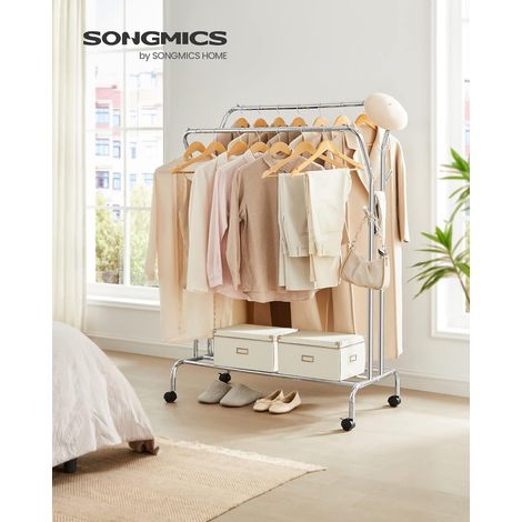 SONGMICS Stand Appendiabiti Doppio, Attaccapanni con Ruote, Struttura in Acciaio, Portata fino a 100 kg, Larghezza di 103,5 cm, Multifunzione, Color Argento (1/5)