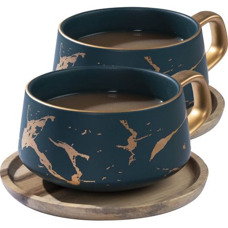 VETIN 2 tazze da cappuccino con piattino, 300 ml, in porcellana, per tè, caffè, cappuccino, tazze da caffè con disco di legno (verde2)