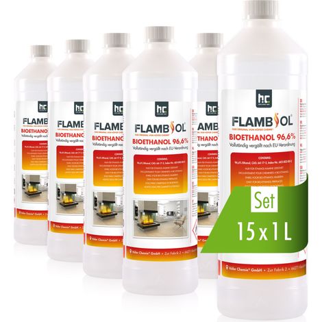 15x 1 L FLAMBIOL® Bioethanol 96,6% Premium für Ethanol-Tischkamin in Flaschen
