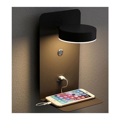 Applique Murale LED Intérieure avec Interrupteur et Interface USB, 12W - Lampe de Chevet Tricolore Dimmable, Liseuse Murale Réglable à 90° avec Plateau - Noir (1/5)