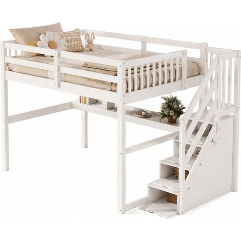 Letto a soppalco 140x200 per bambini con cassetti contenitore e scrivania integrata, in legno di pino bianco, soluzione salvaspazio per camera giovane CHICFURN (1/5)