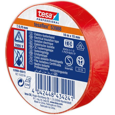RUBAN D'ISOLATION ELECTRIQUE 53988 10 M X 15 MM ROUGE - TESA - 53988-00015-01 (1/2)