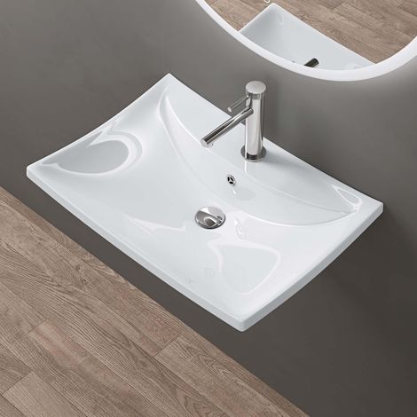 doporro Lavabo da Appoggio in Ceramica Bianco Lucido 60,5x44x18cm Lavabo Bagno Sospeso con Foro per Rubinetto e Troppopieno Design Moderno con Rivestimento Nano Brüssel709