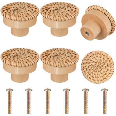 6 Pièces Boutons de Meuble en Rotin Bois, Poignée Meuble Bois, Bouton de Tiroir, Boutons de Portes pour Placards, Boutons de Meuble Rond en Bois, Bouton de Meuble Bois pour Chambre Cuisine Bu (1/4)