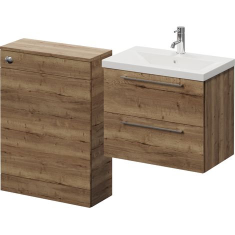 Napoli 390 Cento Tobacco Oak 1200mm Wall Mounted 2 Drawer Vanity Unit and Toilet Suite with Glide Basin - 1200mm - Chrome 320mm HandleWithout Kingston Toilet Pan
