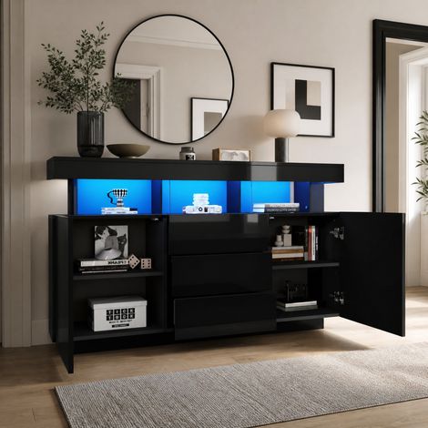 Credenza 140 x 35 x 80 cm finitura lucida con LED, nero DESVIAE (1/5)