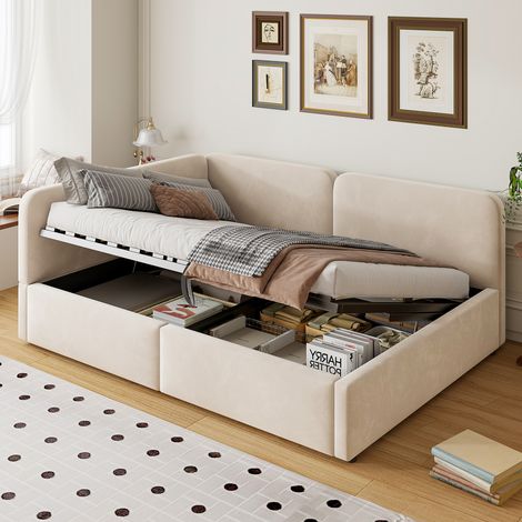 Lit banquette coffre 140 x 200 cm - Velours beige - Rangement hydraulique, tête de lit réversible (1/5)