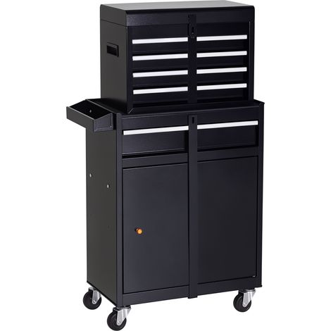DURHAND Tool Chest 2 in 1 Metal Tool Cabinet Storage Box with 5 Drawers Pegboard Wheels 60x28x104.5cm Black