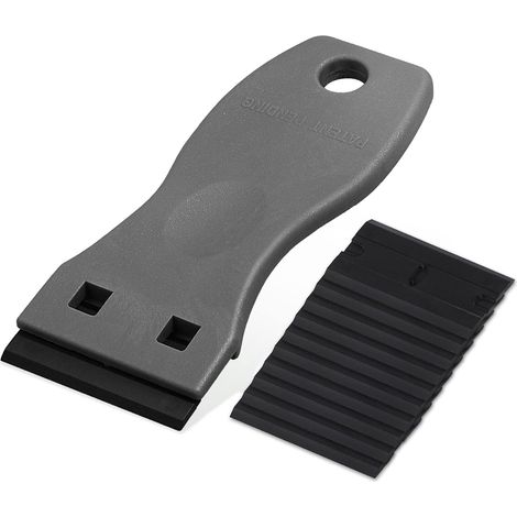 Grattoir multifonction pour vitres et plaques de cuisson en céramique. Livré avec 10 grattoirs en plastique pour retirer les étiquettes, la colle, les autocollants et les décalcomanies. Gris. (1/5)