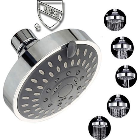Pommeau de douche chromé orientable, Pomme de douche pluie ronde en acier tête de douche miroir face， (1/5)