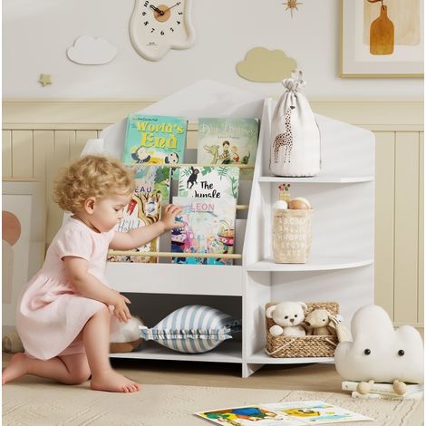 Libreria per bambini a 7 scomparti per libri e giochi, bordi arrotondati, bianca DESVIAE (1/5)