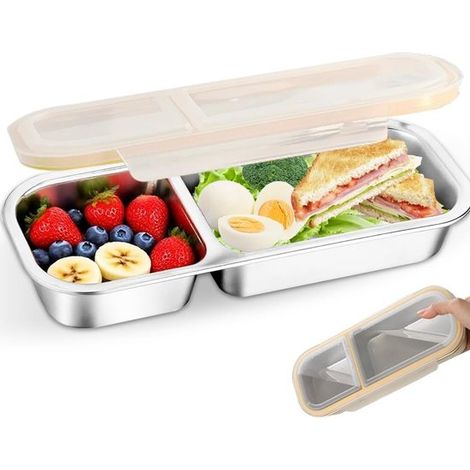 Fiambrera con compartimentos，acero inoxidable，fiambrera dividida en dos partes con tapa，plato para aperitivos，para llevar para niños (1/5)