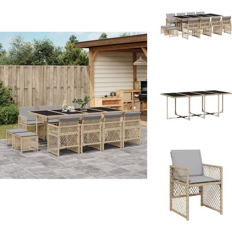 13-tlg. Garten-Essgruppe mit Kissen Beige Poly Rattan - Garten Essgruppe - Garten Essgruppen - Outdoor Essgruppe - Terrasse Essgruppe (1/5)