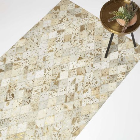 HOMESCAPES Gold & Grey Geometric Diamond Leather Rug, 90 x 150 cm