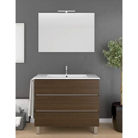 Meuble de salle de bain à poser ARAE avec miroir et lavabo - 3 tiroirs avec poignée à gorge - CHÊNE ÉVASION- 100CM (1/5)
