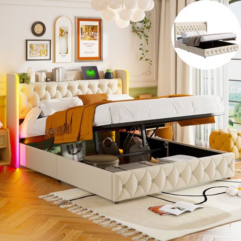 Cama 160x200 cm con almacenamiento, cama moderna inteligente, cama matrimoniales para adulto, cama tapizada, respaldo acolchado suave, tira de luz LED de colores, puerto de carga USB, terciopelo, beig (1/5)