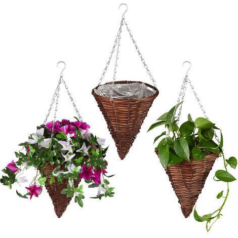 Relaxdays Suspension pour plantes en lot de 3, panier tressé en osier, fait main, pot de fleur HxD 30 x 25 cm, brun