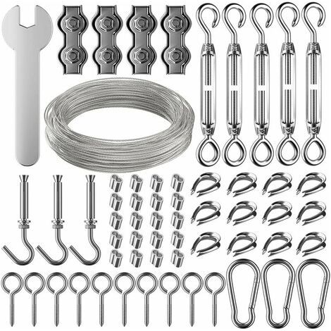 Kit de suspension avec corde en acier inoxydable de 30 m, câble en acier inoxydable revêtu de 2 mm avec tendeur et crochets, pour suspension légère, plantes grimpantes, corde à linge, rideau de pergol