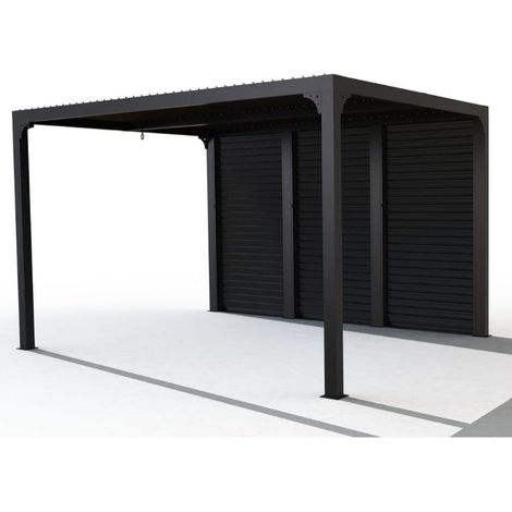 Pérgola bioclimática de 360x300cm, altura 235cm, en aluminio con cortinas laterales en un lado de 3,60m (1/2)