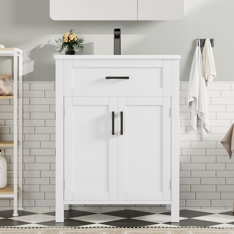 Meuble lave-mains sur pied en MDF blanc avec vasque en céramique, 60x46x84,8 cm, 2 portes et 1 tiroir
