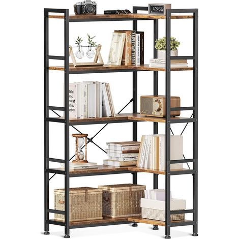 Bibliothèque Angle 5 Niveaux, Meuble Rangement, 145.5cm, Marron Montage Facile Étagères Ouvertes Anti-Basculement Autoportant Compact Polyvalent Salon Chambre Bureau Cuisine (1/5)