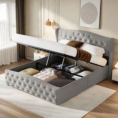 Bett 140x200 cm - TANANT - Doppeltbett mit Knopfheftung - Dekorative Kopfteil - Samtstoff - Grau