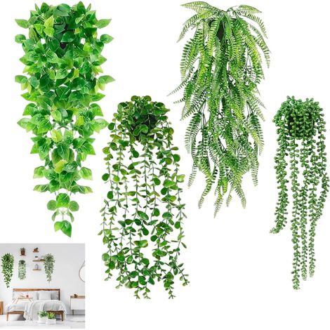Plante Artificielle Tombante, Lot de 4 Plantes Artificielles Interieur avec Pots, Plantes Artificielles Suspendues, pour L'intérieur et L'extérieur, Bureau, Salon, Décoration Murale (1/5)