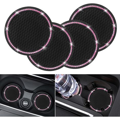 Paquete de 4 posavasos para coche - Universales, 7 cm, bonitos, de silicona con diamantes de imitación, antideslizantes - Rosa (1/4)