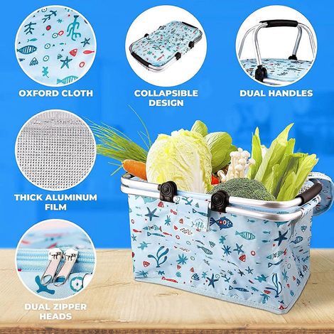 Sac isotherme portable, panier de rangement pour courses avec couvercle et poignée robuste pour pique-nique - 40 x 23 x 20 cm - Gris (1/4)