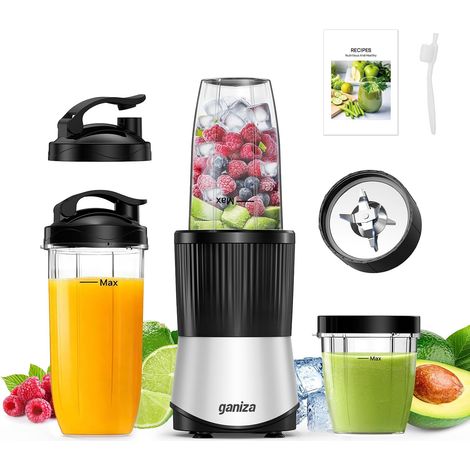 Smoothie Maker 900W, Mini Blender avec 25000 tr/min, 3 Gourdes Tritan To-Go (300ml, 500ml & 700ml), 4 Lames Asymétriques, pour Tous Types de Shakes et Smoothies, Argent/Noir (1/5)