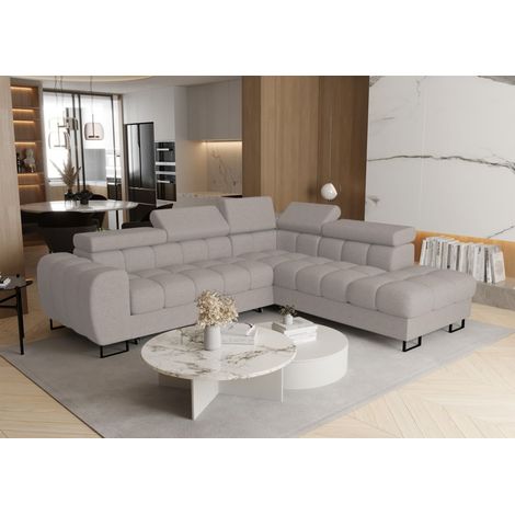 Ecksofa Schlafsofa BASTIEN MAX in Stoff Primo Graubeige Ottomane Rechts