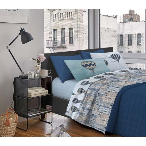 Completo Letto Stampato Made In Italy 100 % Cotone Set Lenzuolo Sopra Sotto Federe Volare Azzurro - Singolo