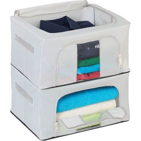 Relaxdays Bolsas de Almacenaje Ropa, Set de 2, Cajas Almacenamiento Tela, Plegables, Cremallera, 20 x 40 x 30 cm, Gris