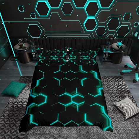 Parure de lit 2 pièces avec housse de couette 135 x 200 cm avec fermeture éclair Motif hexagonal moderne Beehive Simplistic Geometric pour enfant garçon adolescent Bleu sarcelle et noir (1/5)