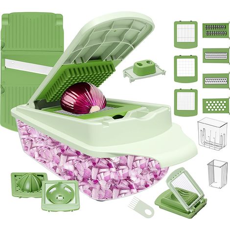 Tritatutto multifunzionale per verdure con contenitore - Tritatutto multifunzionale 12 in 1 per cipolle, aglio, insalata e verdure - Risparmia tempo Tritatutto professionale da cucina con 8 lame (1/4)