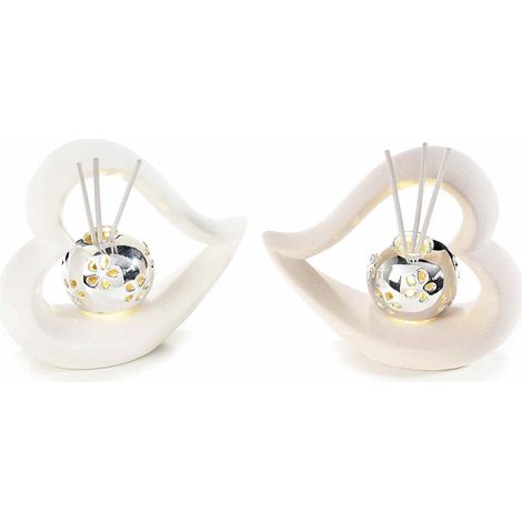 Cuori in porcellana con luce led e stick in legno per diffusione profumo / fragranza, set da 2 pezzi, cm15x5,5x13H (con stick15)