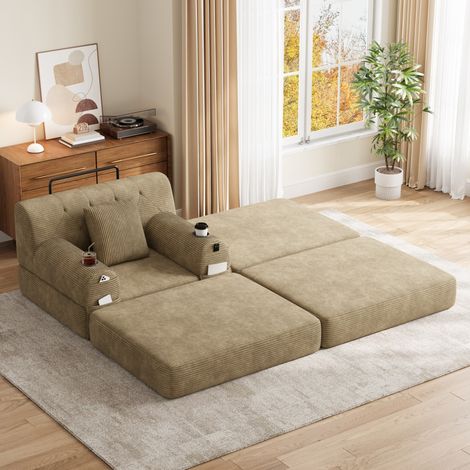 Fauteuil convertible 107x162x81 cm kaki avec repose-pieds, 2 porte-gobelets, tissu côtelé MEUBLIV (1/5)