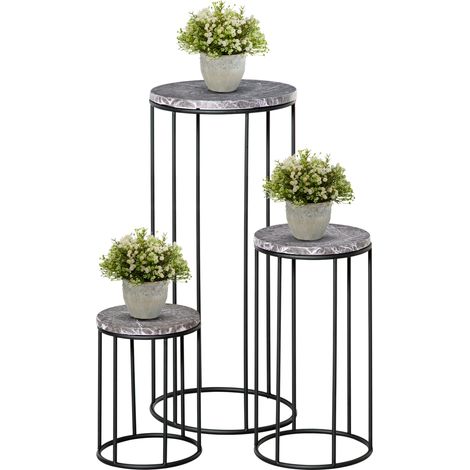 Ensemble de 3 supports à fleurs en métal, supports pour plantes aspect marbre, porte-pots empilables, noir et gris (1/5)