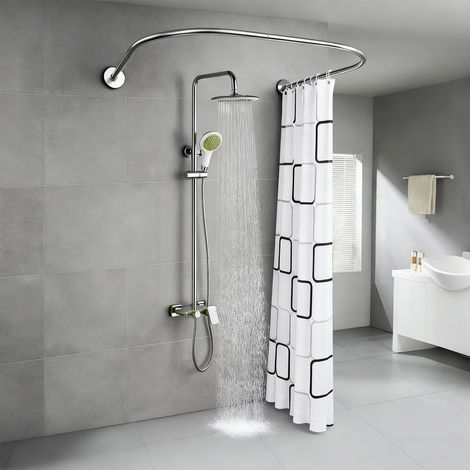 Tringle à rideau de douche en forme de U, barre de douche d'angle avec 16 anneaux de rideau et support de plafond pour baignoire/salle de bain, Installation sans perçage (1/5)