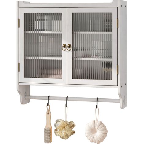 Hängeschrank mit 2 Türen aus Riffelglas, 3 Ebenen und Handtuchhalter, Vintage-Stil, aus Holz und MDF, 63×18×60 cm, Weiß Patiniert (1/5)