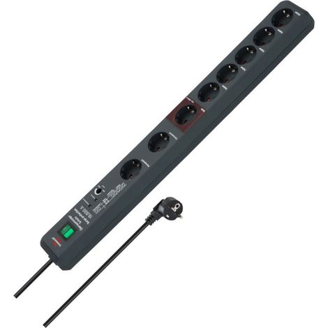 Brennenstuhl Secure-Tec regleta enchufes con 8 Tomas de Corriente, protección contra sobretensión y función Main-Follow (Cable de 3m, Interruptor) Antracita (1/4)