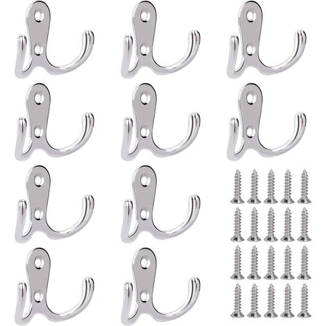 Crochets doubles robustes pour vêtements, fixation murale, finition chromée polie, installation facile pour de multiples usages, supportent les vêtements lourds. (1/5)