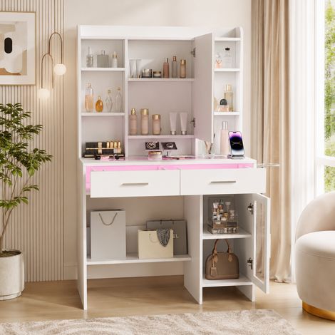 Coiffeuse 90x40x145cm,lumières LED et miroir LED,coiffeuse table,port USB et prise électrique,table de maquillage,support pour sèche-cheveux,plateau en verre trempé,étagères ouvertes,Bois,Blanc (1/5)