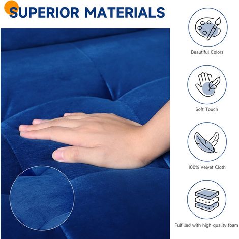 Keepbuying – Canapé droit 2 places en velours bleu – Accoudoirs roulés – Dimensions 148 x 78 x 85 cm – Confort moyen – Montage facile en 10 minutes