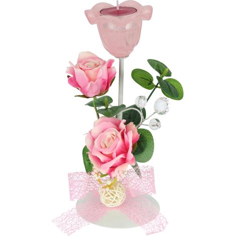 Photophore en métal avec Verre et Bougie Chauffe-Plat avec Roses et Eucalyptus - Décoration de Table - Photophore en Verre - Décoration Romantique - Décoration de Mariage - Roses (1/3)