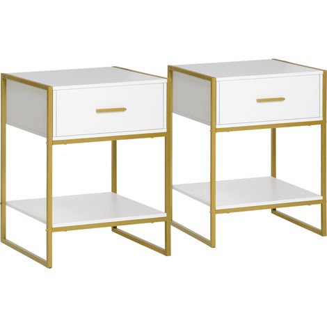 Set 2 Comodini Moderni con Cassetto e Ripiano Aperto in MDF e Acciaio, 45x40x60cm, Bianco e Oro