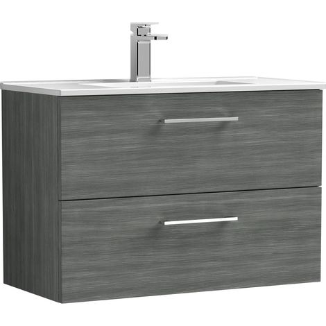 Balterley  Contemporary Bathroom 2 Soft Close Drawer & Minimalist Wall Hung Vanity Unit Basin, Anthracite Woodgrain, 800mm