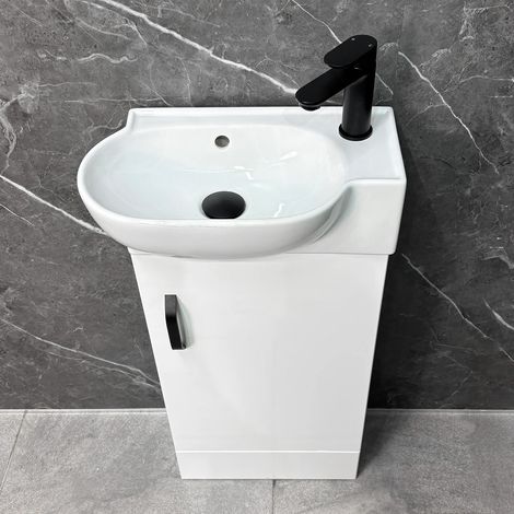 Cloakroom Vanity Unit 450mm Basin Slimline Compact White Gloss with Black Handle, With Tap & Waste