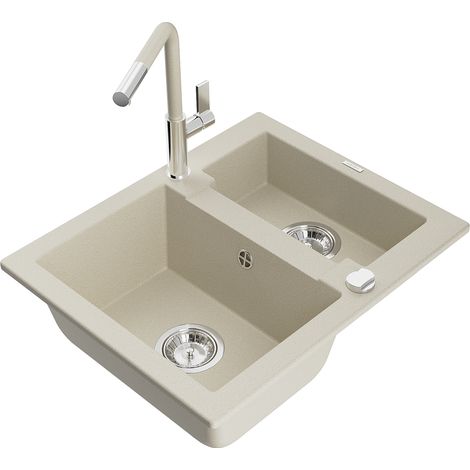 Mexen Carlos évier en granit à 1,5 cuve avec robinet mélangeur Flora, Beige - 6518-69-670401-09 (1/5)
