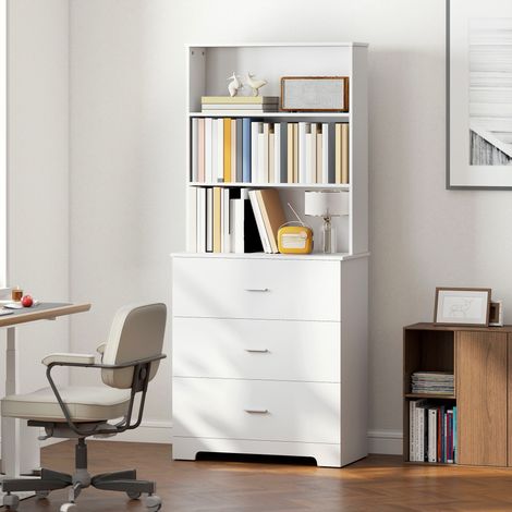 Libreria, mobile alto, vetrina con 3 cassetti e 3 ripiani a giorno, per soggiorno e cucina, 79x39,5x180 cm, bianco